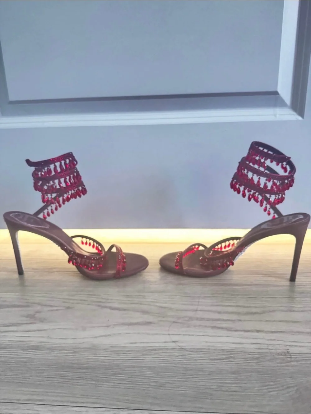 Rene Caovilla Red Satin Strappy Jeweled Stiletto Sandals
